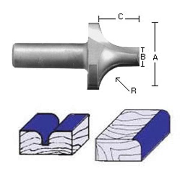 2056 Plunge Roundover Router Bit 1/2" SH X 1/4" R X 3/4" A X 1/4" B 3/8" C 2" OL
